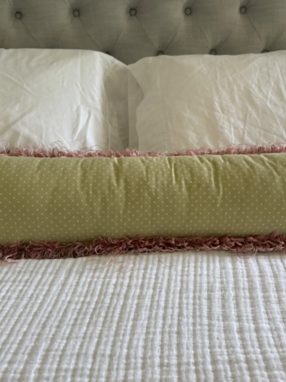 Striped Pink and Green Fringe Trimmed Bolster Pillow